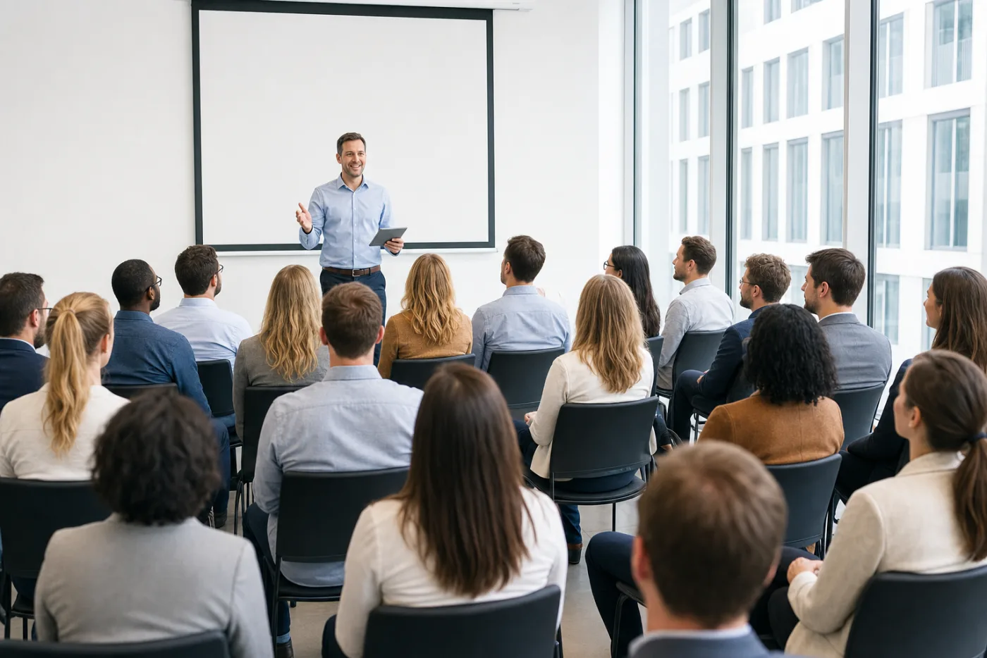 Delegates seated in a bright seminar room during a presentation